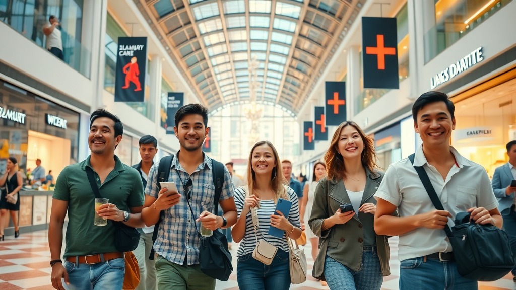Diverse travelers enjoy international trip at luxury mall with shopping, relaxation, and fun.