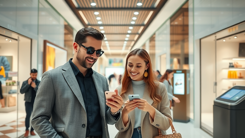 Couple on international trip shopping and using smart services at global luxury mall.