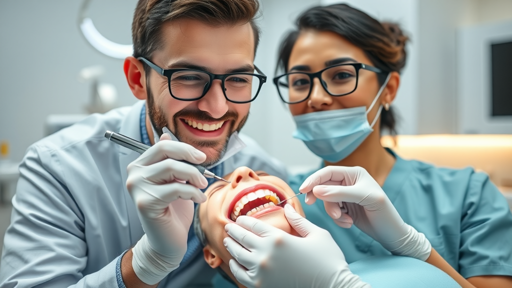 professional dentist with patient, focused and friendly, performing whitening, modern dental clinic, professional teeth whitening Miami, bright lighting, highly detailed