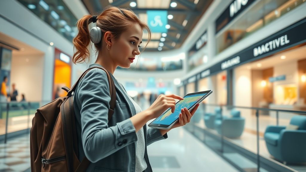 Young woman planning international trip with interactive mall tech and modern shopping.