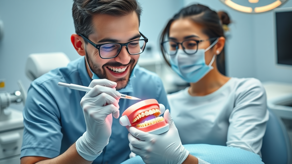 dental professional performing teeth whitening, explaining process, miami