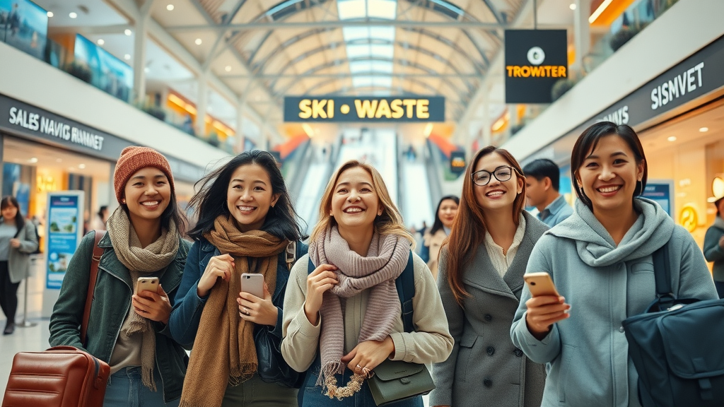 Cosmopolitan travelers exploring modern mall during an international trip.