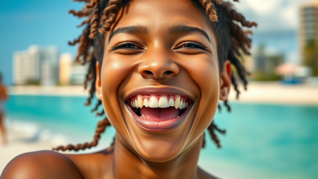 cheerful person with bright smile, expressing happiness, showing teeth, Miami beach background, teeth whitening Miami, sunlight, vibrant colors, highly detailed