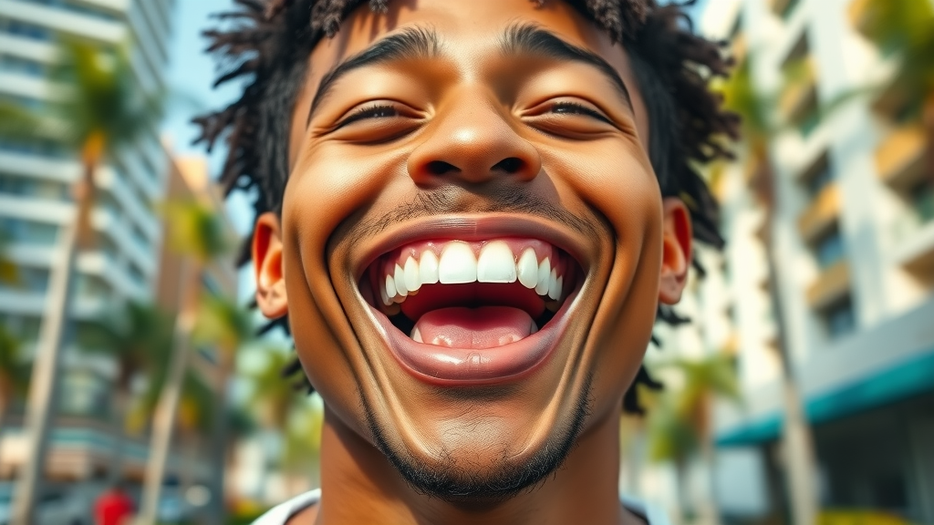 cheerful person with bright teeth, smiling widely, showcasing perfect white teeth, urban Miami background with palm trees, teeth whitening miami, sunlight reflections