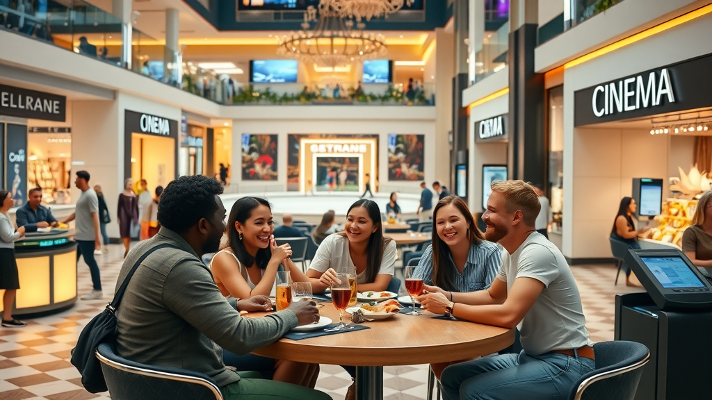 Friends enjoying dining and entertainment during international trip at world-class mall.