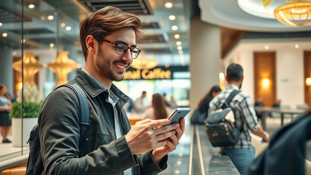 Modern traveler uses smart payment on international trip in stylish mall cafe.