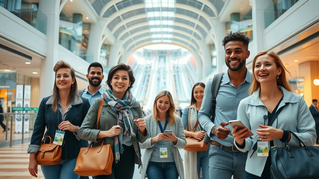 Diverse travelers enjoying international trip at luxury Dubai mall with indoor ski slope
