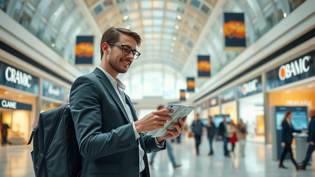 Solo explorer on international trip using digital map in modern luxury mall.