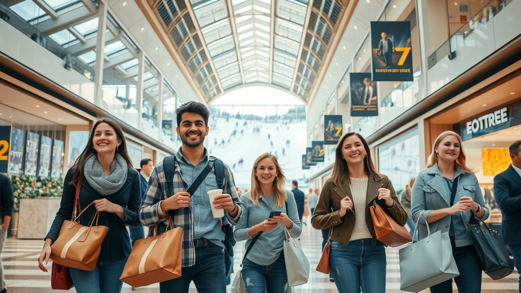 Group of global tourists shopping and skiing during unforgettable international trip