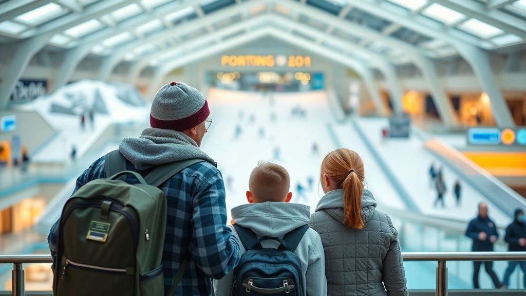 Family on international trip enjoying unique indoor ski slope in luxury shopping mall.