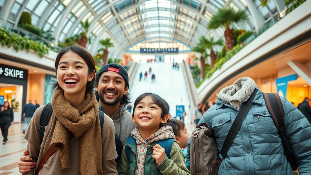 Family on international trip at luxury mall exploring shops, digital services, and indoor ski slope.