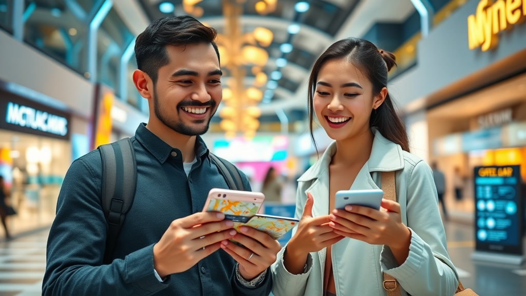 Tourist couple using smart map and e-payment on international trip in Dubai