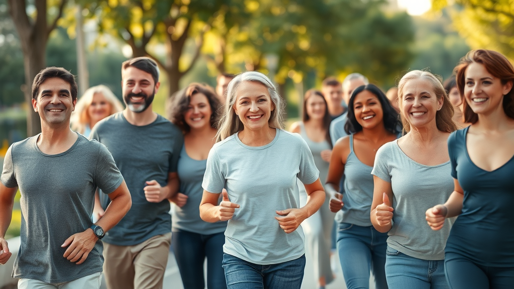 Diverse group of people enjoying healthy living tips together in a sunlit modern park, engaged in gentle activities and smiling naturally.