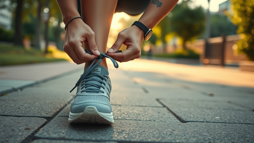 Person preparing for physical activity by tying sneakers, enthusiastic to begin a healthy living routine in an urban park.