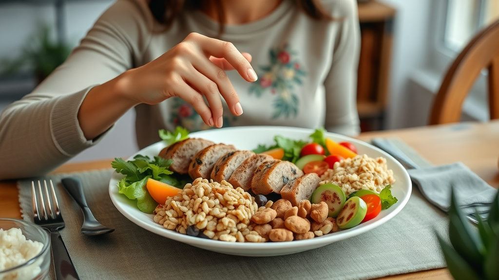 Person making a healthy food choice with a balanced, colorful plate including fruits, vegetables, whole grains, and lean protein.