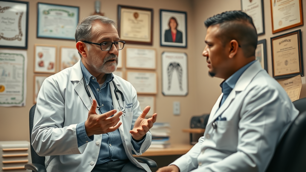 chiropractic care - Physician discussing chiropractic care and concerns with patient in office