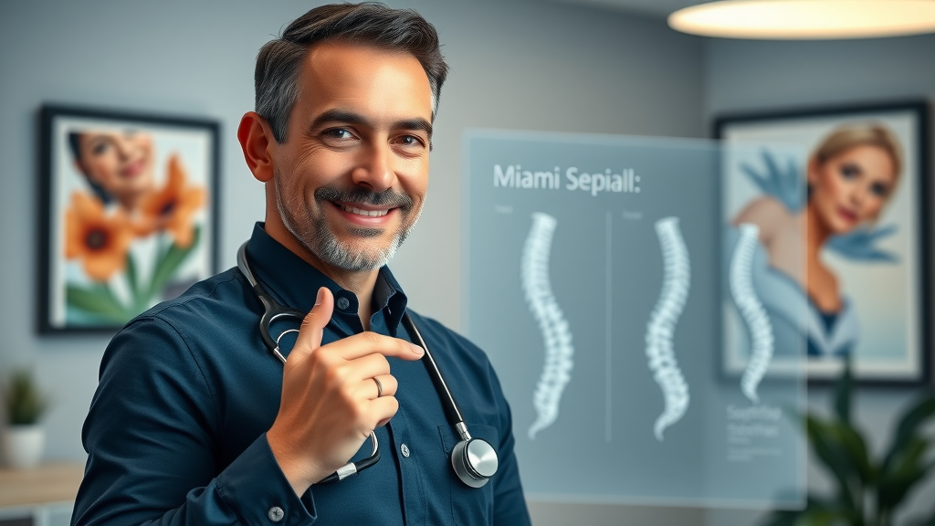 Confident Miami chiropractor with stethoscope, showing diagram of healthy spine