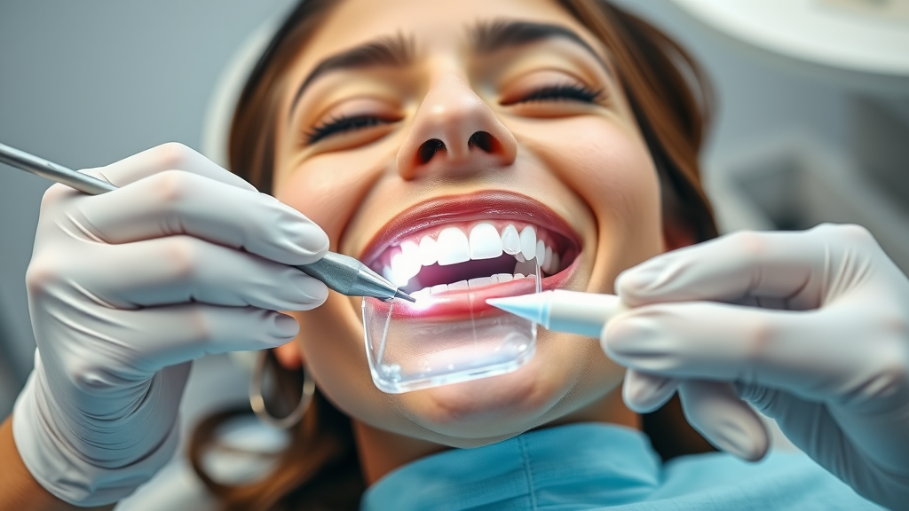 Close-up of a professional teeth whitening procedure, patient reclined in dental chair, dentist carefully applying whitening gel to teeth, Photorealistic High Fidelity Lifelike, modern Miami dental clinic background, meticulously captured instruments and smiling patient, gleaming white teeth, crisp whites and blues, soft LED lighting, shot with a macro lens.