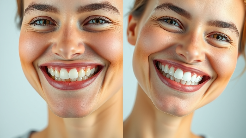 Split-view before-and-after smile, left side showing yellowed teeth, right side bright white teeth, confident patient faces camera, Photorealistic High Fidelity Lifelike, minimalist background typical of dental advertisements, highly detailed skin and teeth textures, subtle motion showing transition, vibrant natural color, balanced direct lighting, shot with an 85mm lens.