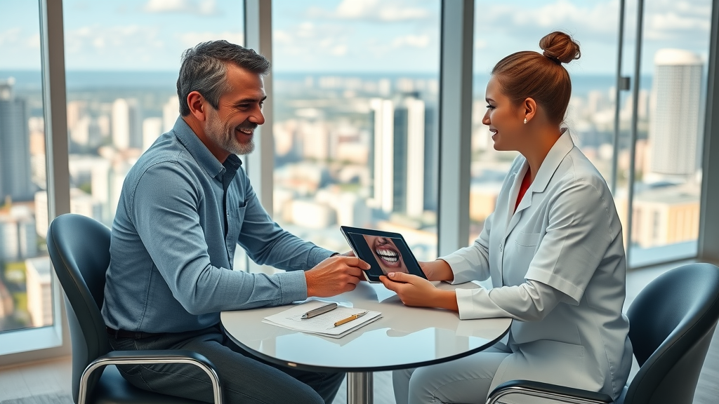 Patient consulting with a Miami cosmetic dentist, both seated across a modern table, reviewing digital dental images on a tablet, Photorealistic High Fidelity Lifelike, airy consultation room with panoramic city views, highly detailed reflections on technology and glass surfaces, warm and friendly atmosphere, soft natural indoor lighting, shot with a 50mm lens.
