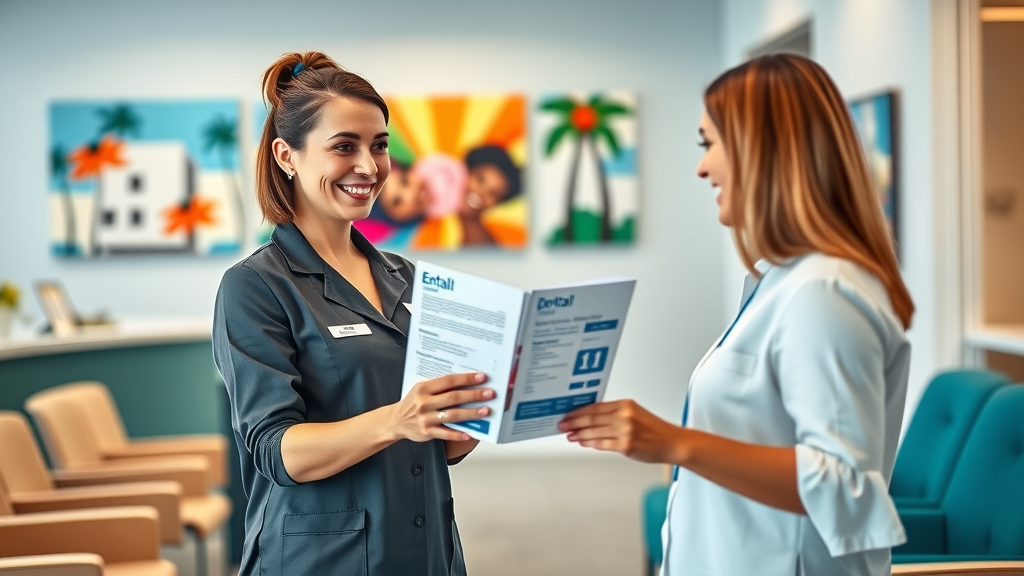 Modern Miami dental office reception, cheerful receptionist hands out a pricing brochure to a patient, Photorealistic High Fidelity Lifelike, colorful Miami art on the wall and subtle dental branding, detailed brochure graphics (no text), comfortable waiting chairs, vibrant and inviting color palette, daylight-balanced lighting, shot with a 35mm lens.