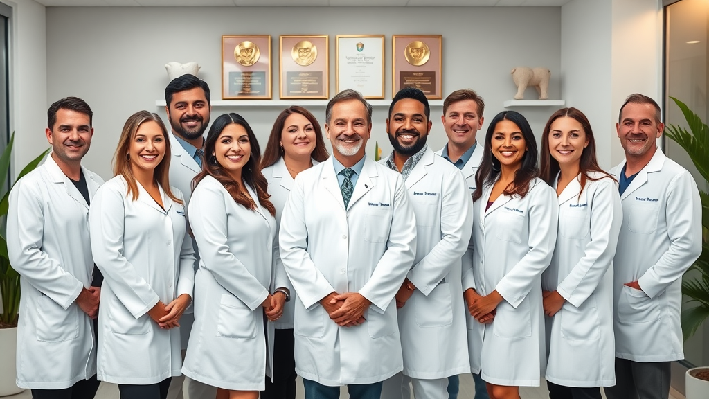 Smiling panel of diverse Miami cosmetic dentists, all in crisp white coats, standing proudly in a stylish dental office, Photorealistic High Fidelity Lifelike, signature Miami colors and palm plant accents, background shows patient awards and advanced dental tech, highly detailed group shot, clear skin tones, balanced indoor LED lighting, shot with a 24mm lens.