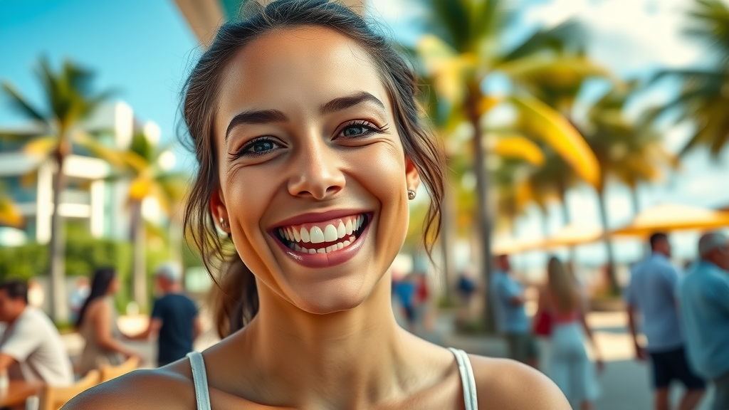 Cheerful young adult woman with radiant white teeth, expressing joy and confidence, smiling naturally in a Miami outdoor café, palm trees and sunny blue sky, capturing a vibrant Miami vibe