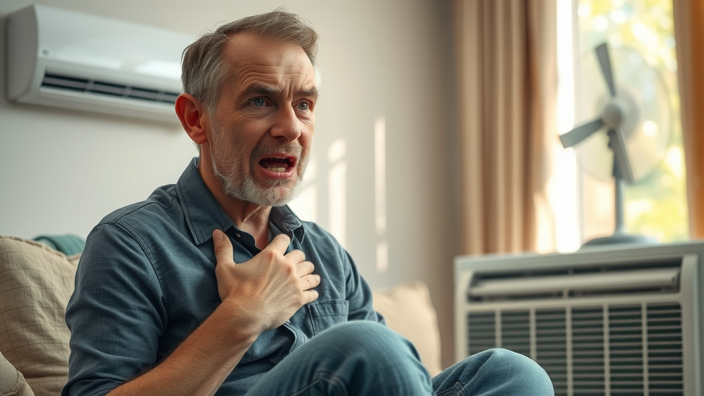 Frustrated homeowner waiting for AC repair, sitting beside a broken air conditioner in a sunlit living room – AC repair services delay visual