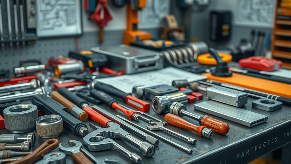 Organized HVAC tools and parts for air conditioner repair services on a workbench