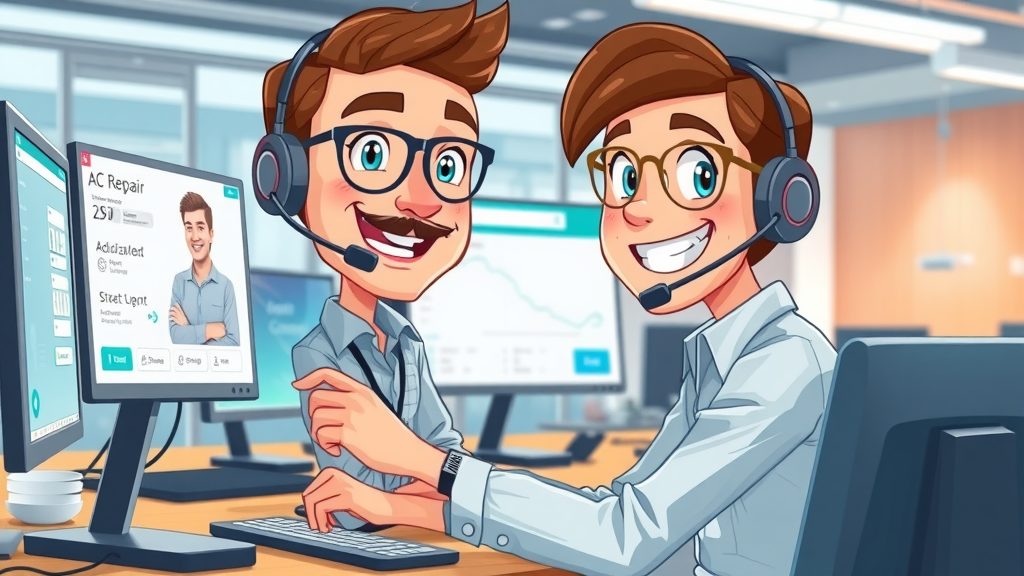 Helpful dispatcher booking an air conditioner repair service call on a tech-powered office interface